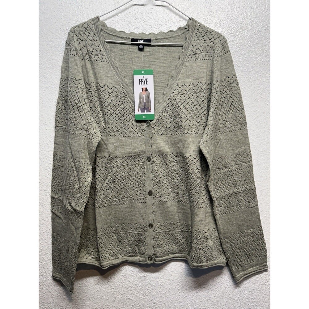 Frye Women's Pointelle Long Sleeve Button-Up Cardigan, Sea Grass Green XL New